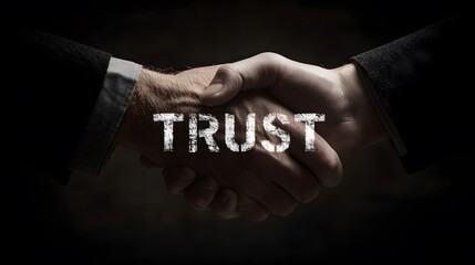 Vertrauensvoller Händedruck mit weißem TRUST-Schriftzug
