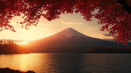 Peaceful sunrise over a mountain and lake framed by autumn foliage.