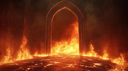 Infernal Gateway: A fiery passage through a burning gothic archway.  Lava floor and intense flames engulf the scene.  Digital art, fantasy.