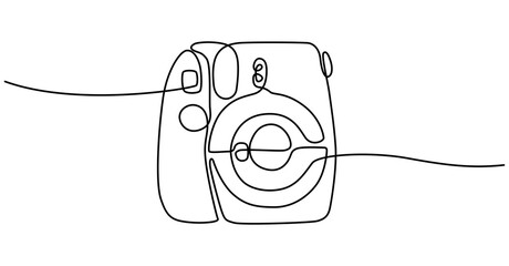 Polaroid camera line art. Line drawing of instant camera. Continuous one line drawing. Vector illustration with EDITABLE stroke. Isolated on transparent background.