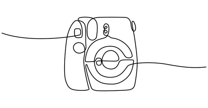 Polaroid camera line art. Line drawing of instant camera. Continuous one line drawing. Vector illustration with EDITABLE stroke. Isolated on transparent background.