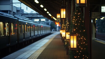 Local Train Station Decorated for Shogatsu with Pulling Train