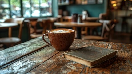 Latte art on a rustic wooden table