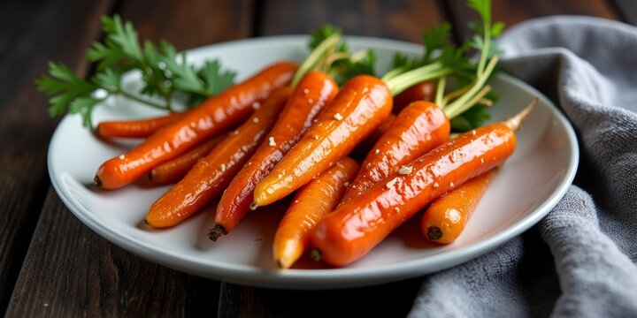 Cooked carrots on a plate or Roasted orange carrots