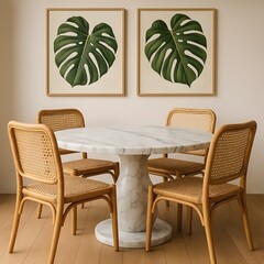 Fototapeta premium Elegant dining room featuring marble table rattan chairs and monstera leaf home decor framed artworks creating a stylish interior