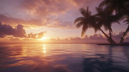 Serene sunset over tranquil ocean palm trees silhouette warm golden hues reflect on calm water