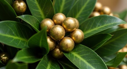 Obraz premium Golden Berries on Lush Green Leaves - Close-up of gold-painted berries nestled amongst vibrant green leaves, creating a luxurious and natural contrast