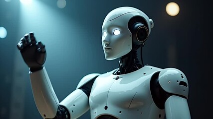 A humanoid robot with glowing eyes talking - Powered by Adobe