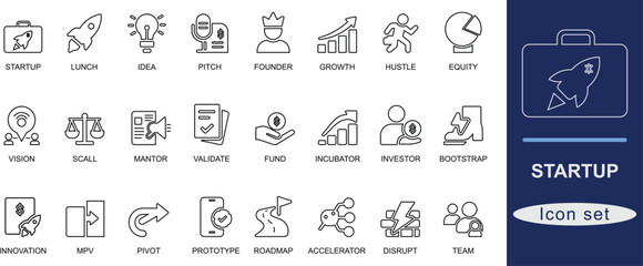 
Startup icon set. Modern line art startup icons covering innovation, launch, pitch, funding, growth, and success. Perfect for UI, apps, websites, and digital branding.