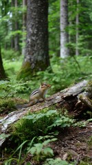 Eastern Chipmunk on Mossy Log Alert in Forest Habitat Woodland Wildlife Natural Setting