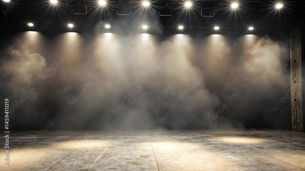 Aufkleber empty stage illuminated by spotlights with smoke effect