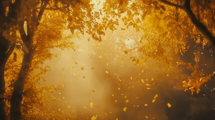 Autumn forest background with golden leaves, misty atmosphere, warm tones, sunlight streaming through trees, cinematic look, realistic style 