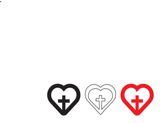 Christian cross with heart icon set. Digital png illustration of black outline of christian cross on transparent background
