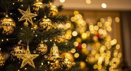 Fototapeta premium Golden Christmas Tree Ornaments and Lights - Festive Christmas tree adorned with golden ornaments, stars, and bells. Symbolizes joy, celebration, warmth, hope, and prosperity