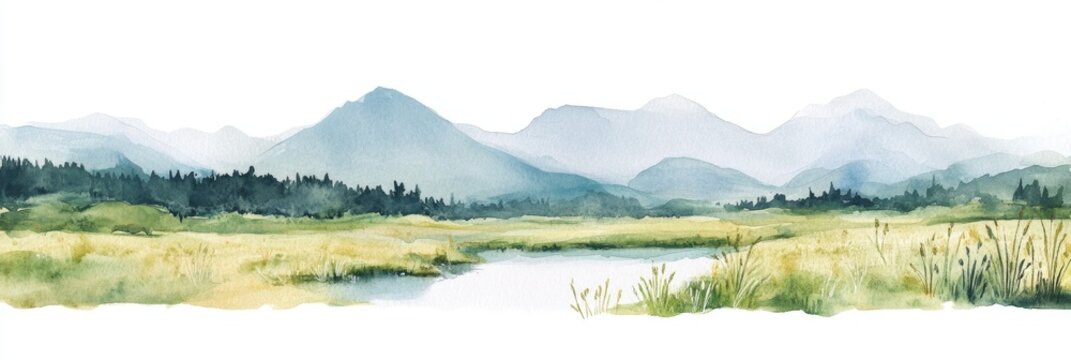 Misty mountain range overlooking a tranquil valley with a stream