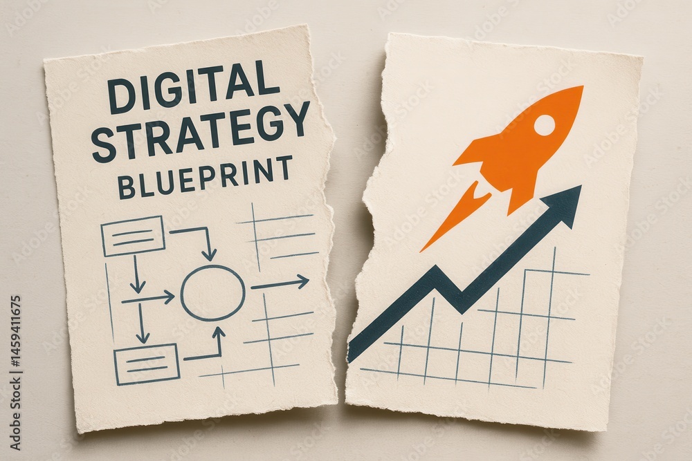 Poster tech startup drives disruption through digital strategy concept. digital strategy blueprint with gro