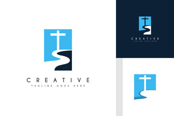 Minimalist cross logo with a flowing river beneath it, symbolizing faith, life, and spiritual journey. Ideal for churches, religious organizations, or nature inspired ministries.