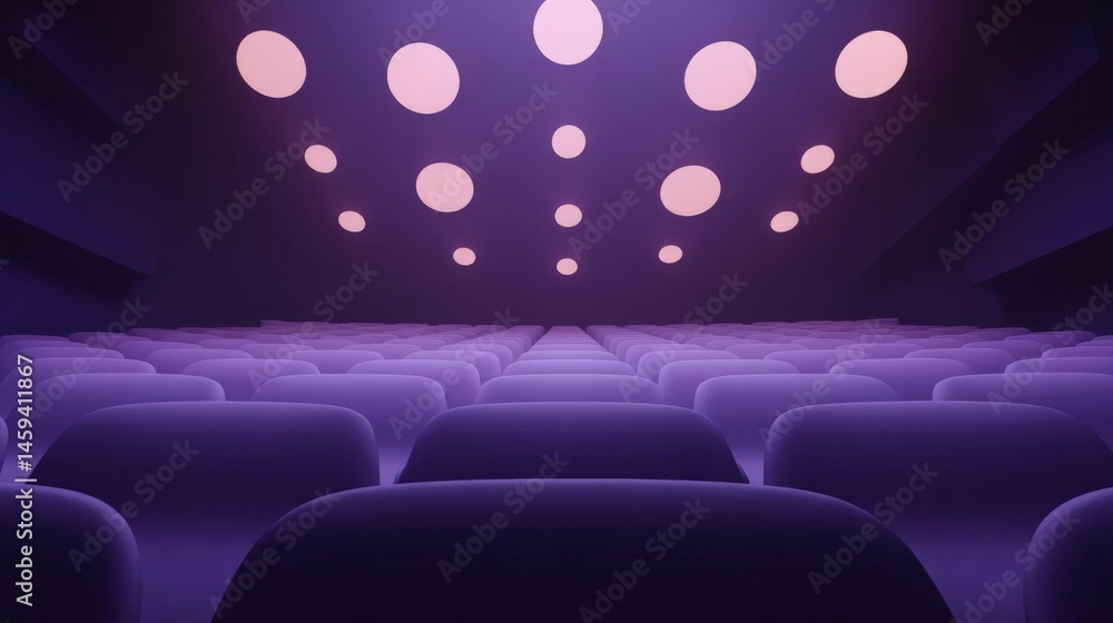 Poster empty movie theater with rows of purple seats. the seats are arranged in a neat and orderly manner, 
