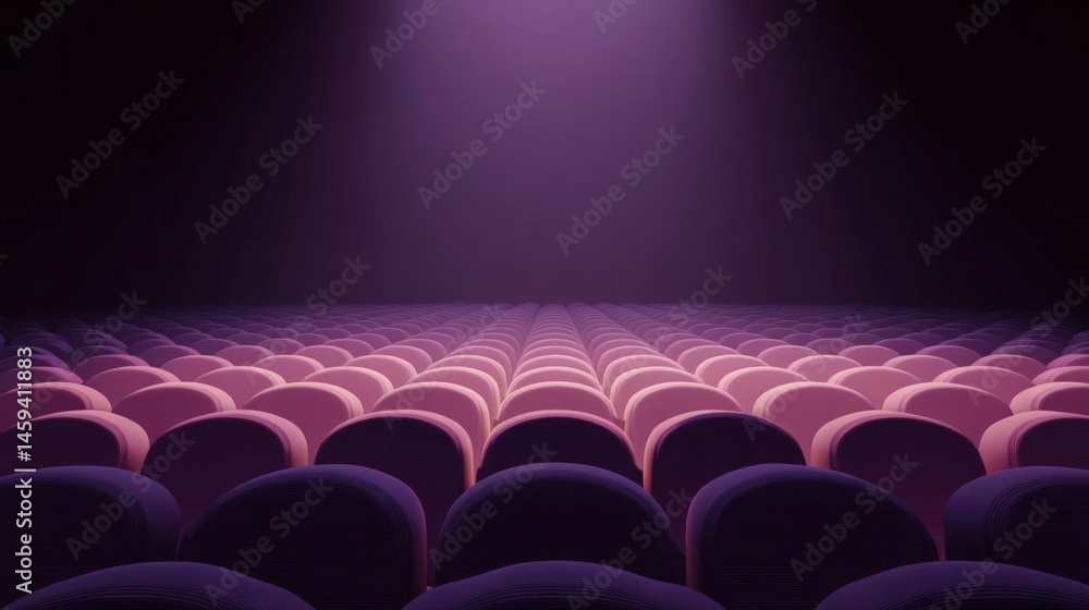 Poster empty auditorium with rows of purple seats. the seats are arranged in a grid-like pattern, with each