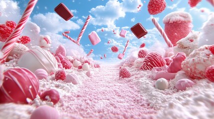 A whimsical candy wonderland, a delightful explosion of pink sweets against a vibrant blue sky. Candy cane, chocolate, marshmallows, and raspberries tumble in a sugar-coated dream.