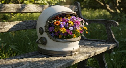 Astronaut helmet filled with colorful flowers sitting on a wooden bench in a garden setting outdoors