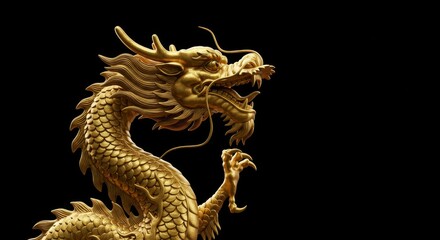 Fototapeta premium Golden Dragon Statue Decorative Art - A majestic golden dragon, symbolising power, prosperity, good luck, strength, and wisdom. Its intricate details are beautifully against a black background