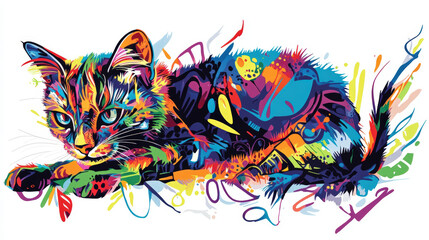 Obraz premium A beautiful and colorful illustration of a lying cat, perfect for t-shirt designs. This eye-catching artwork is perfect for t-shirt designs or posters, offering a bold visual appeal.