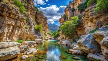 Obraz premium Scenic view of rock formation in canyon with small creek at Madonie Natural Park in Isnello, natural park