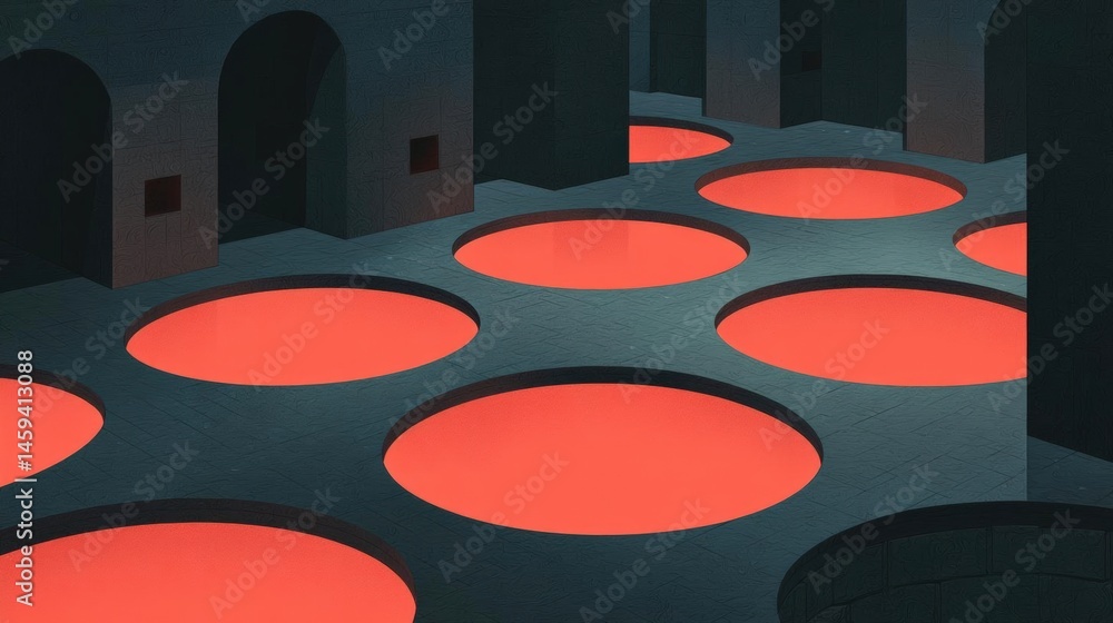 Poster interior of a building with multiple arches and pillars. the floor is made of concrete and the walls