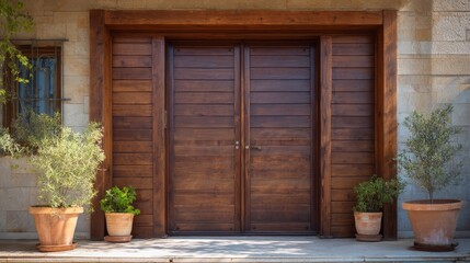 Elegant modern house entrance with potted plants, showcasing minimalist design and natural harmony.
