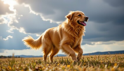 Obraz premium Energetic golden retriever playing in a beautiful meadow under dramatic clouds nature photography outdoor scene