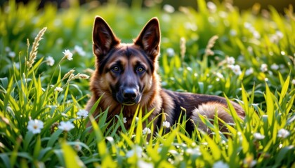 Majestic german shepherd enjoying a sunny day in lush green field nature photography outdoor serenity