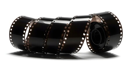 A curled roll of undeveloped black and white film strip on a plain white surface with soft shadow