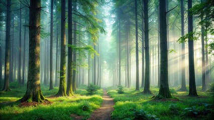 Naklejka premium Forest with tall majestic trees in misty atmosphere, woodland, giant, woodland, giant, overgrown, leafy, wilderness