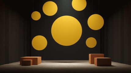 Dark room with a large yellow circle hanging from the ceiling. the circle is in the center of the room and is surrounded by smaller circles of different sizes and shapes.