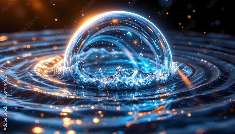 Poster abstract bubbles: a mesmerizing close-up captures a bubble, floating elegantly above the water, with