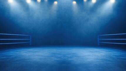 Blue Boxing Ring Spotlight Arena:  A Dramatic Empty Boxing Ring Under Bright Lights