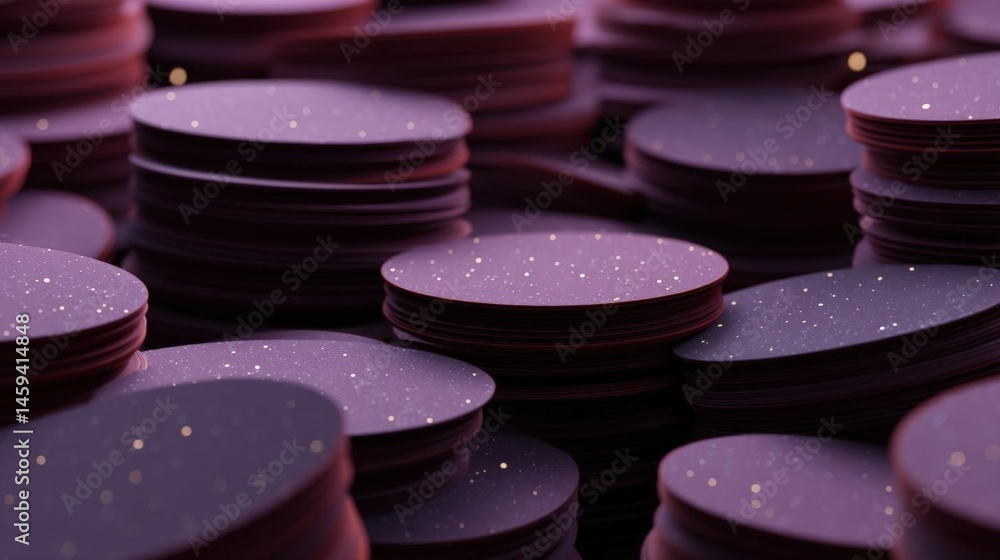 Poster close-up of a pile of round, purple coins. the coins are stacked on top of each other and appear to 
