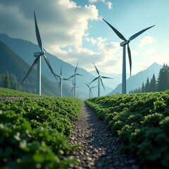 Wind turbines standing tall near mountains with a winding path between them