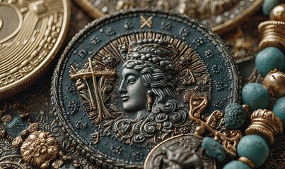 Detailed ancient coins and accessories displayed on textured surface