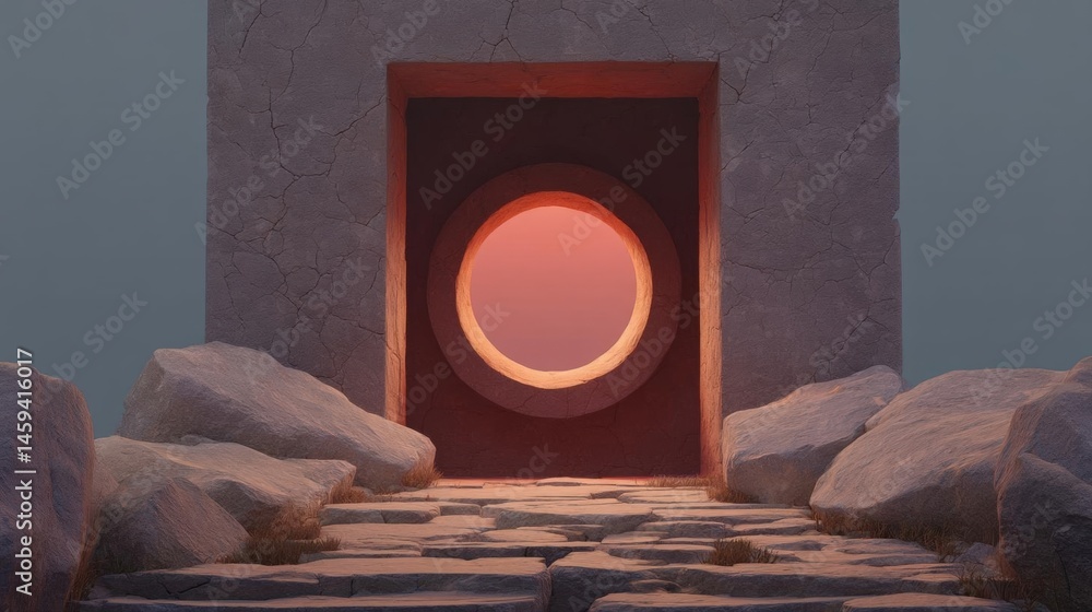 Poster open doorway in a stone wall with a circular window in the center. the door is made of a dark red ma