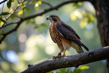 Tagged Hawk Calmly Surveying from a Weathered Perch in its Native Forest Environment, Small Tracker Visible on its Leg for Research