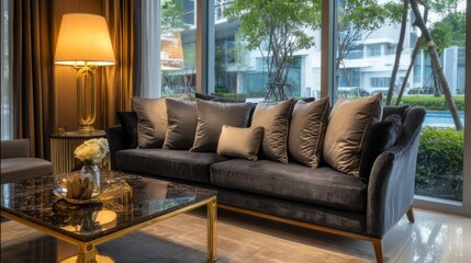 Elegant neutral sofa with velvet cushions by marble table, warm lamp light; sophisticated interior with soft outdoor greenery.
