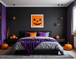 Minimalist bedroom decorated in halloween decor, spooky aesthetic interior design