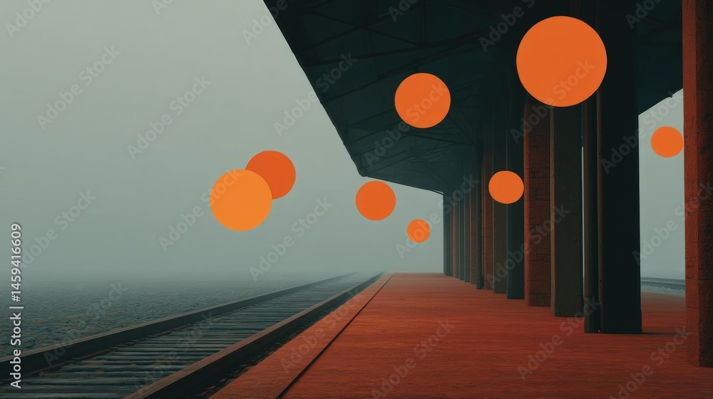Poster long, empty pier with a railway track running along the right side. the pier is made of concrete and