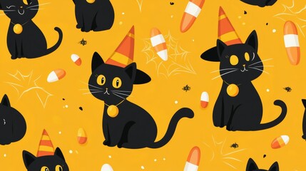 Seamless pattern with black cats wearing party hats, candy corn, and spider webs on an orange background. Halloween concept.