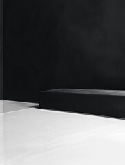 Minimalist interior with matte black wall, modern bench, and glossy white floor creates stark contrast and calm atmosphere in contemporary design