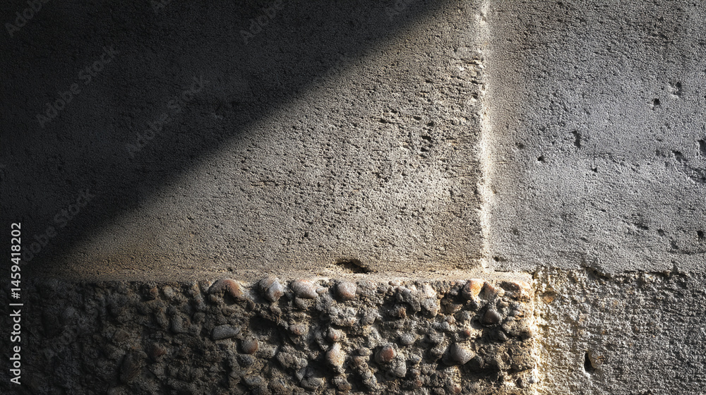 Poster grey stone wall texture with contrasting light and shadow, showcasing rough, granular surface and pe