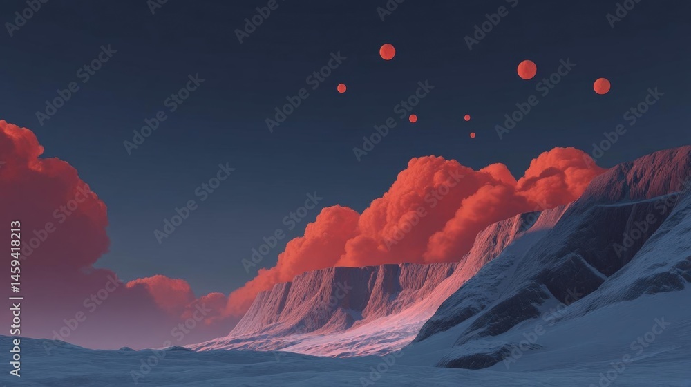 Poster digital illustration of a snowy landscape with a mountain range in the background. the sky is a deep