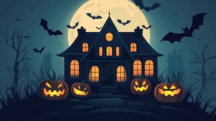Fototapeta premium Haunted house with glowing jack o lanterns, flying bats, and a full moon on a spooky Halloween night.